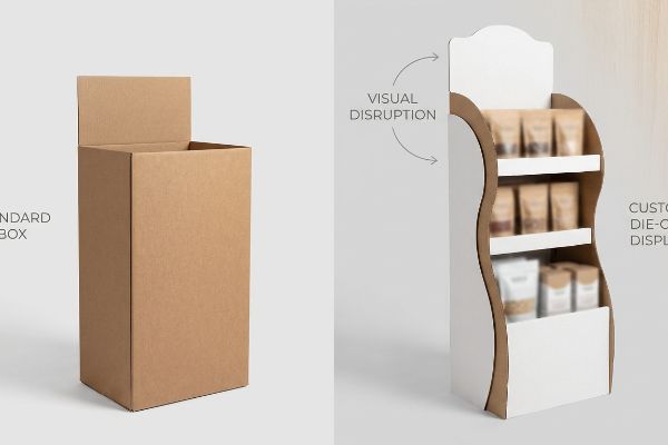 Caja estándar de cartón marrón junto a un expositor blanco troquelado a medida con paneles curvos, que ilustra la disrupción visual.