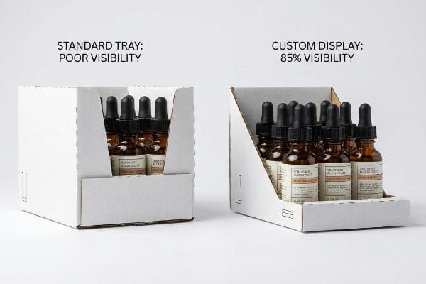 White corrugated cardboard display trays comparing a Standard Tray: Poor Visibility with a Custom Display: 85% Visibility for amber dropper bottles.