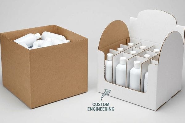 Brown corrugated box with loose white bottles next to a Custom Engineering white die-cut display box with modular dividers.