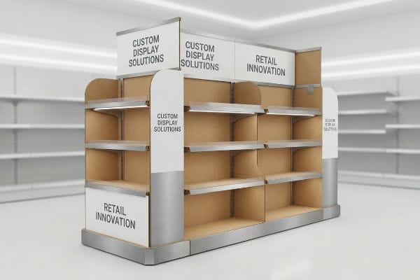 An empty retail endcap display, featuring