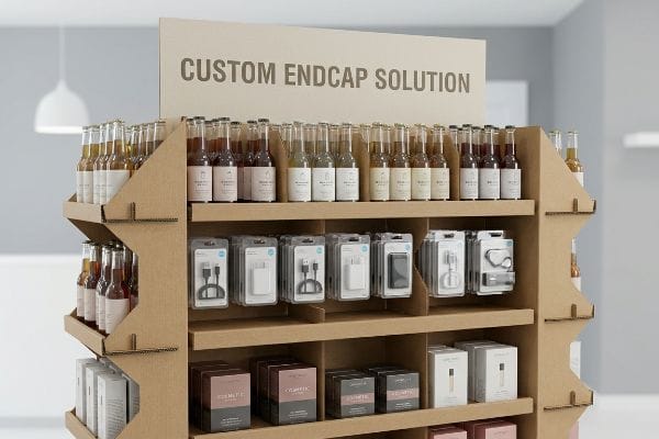 The display effectively organizes diverse products like bottled beverages, blister-packed electronics, and boxed cosmetics on a corrugated cardboard 