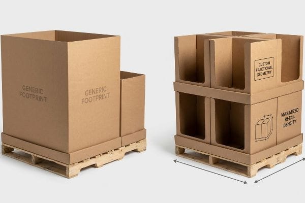 Corrugated cardboard display units on pallets. Left: