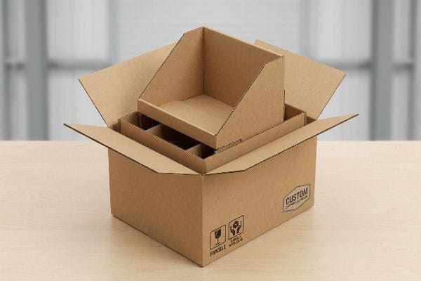 An open brown corrugated cardboard box features internal dividers and a point-of-purchase display insert, marked with 'Fragile' and 'Custom Shipping & More'.