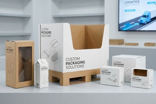 White and kraft corrugated custom packaging solutions, featuring a large pallet display and diverse retail boxes.