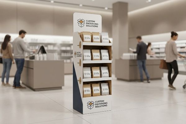 A retail store features a Custom Packaging Solutions floor display, showcasing white and kraft pouches on three shelves.
