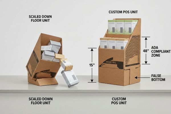 Corrugated displays: Scaled Down Floor Unit, Custom POS Unit, False Bottom, ADA 48-inch Compliant Zone.