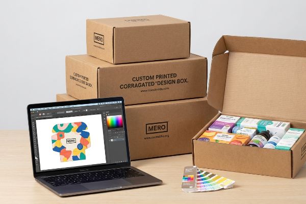 Laptop shows Mero Custom Printed Corrugated 'Design Box' design, with stacked Mero boxes, open retail products, and color swatches.