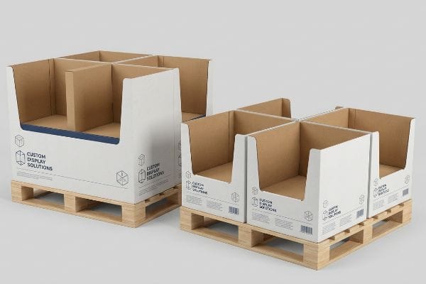 White corrugated custom display solutions quarter pallet boxes with internal dividers on wooden pallets.