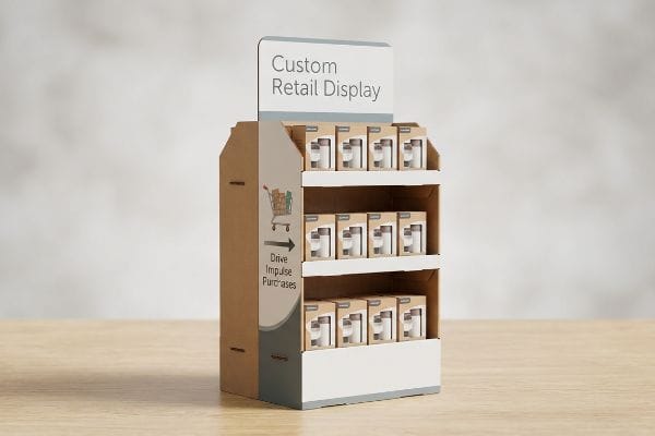 A three-tier cardboard custom retail display, showcasing product boxes and text