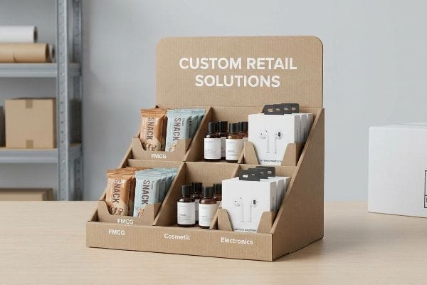 A brown cardboard point-of-purchase display features Custom Retail Solutions, showcasing Fmcg snacks, cosmetic bottles, and wireless earphones.