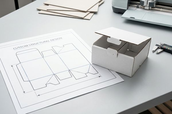 A white corrugated box sits next to a Custom Structural Design dieline, a digital caliper, and a CNC cutting machine.