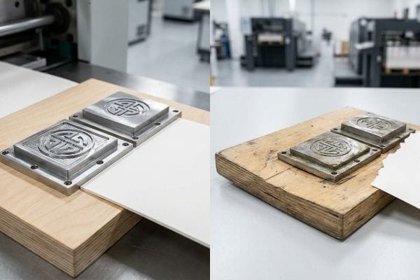 Two customized metal embossing dies, featuring intricate Celtic knot designs, sit on a wooden base with paperboard, ready for pressing.