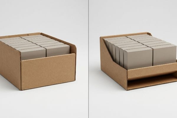 Brown corrugated cardboard display trays comparing a high retaining lip to a cut-down lip and angled shelf for enhanced product visibility.
