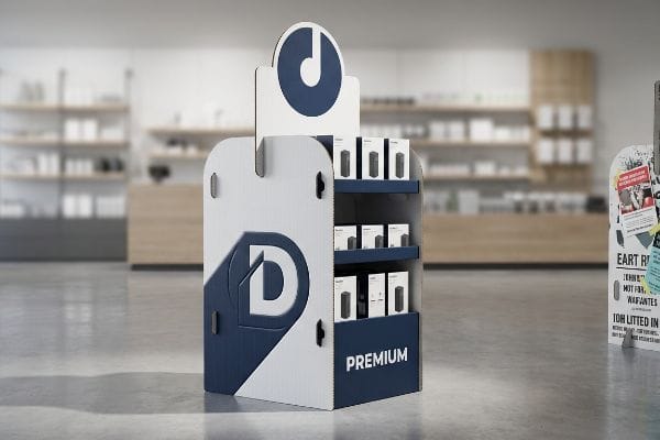 White and dark blue retail display stand with a prominent 'D' logo, 'Premium' text, and shelves holding product boxes.