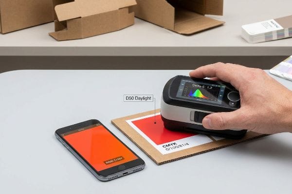 A hand uses a spectrophotometer to measure Cmyk 0/100/81/4 red on cardboard under D50 Daylight, with an Rgb Color displayed on a smartphone.