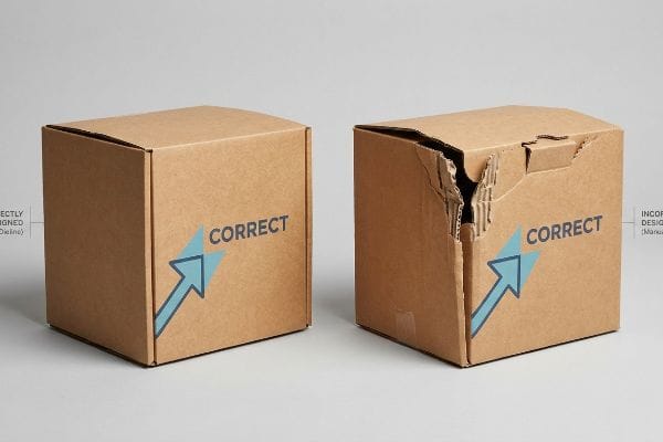 Brown corrugated cardboard boxes, one pristine and one with a torn, crumpled top flap, both marked 'CORRECT' with a blue arrow, highlighting packaging design flaws.