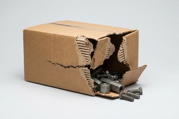 Severely damaged brown cardboard box spilling heavy metal bolts and nuts, illustrating freight trauma.