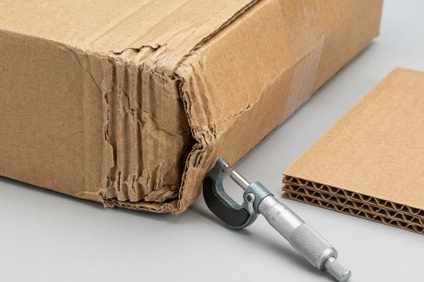 A damaged brown corrugated cardboard box is measured by a micrometer, with new corrugated flutes beside it, illustrating compression failure.