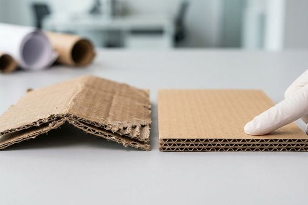 Damaged corrugated board with snapped fibers contrasts with a strong multi-layer corrugated cardboard, emphasizing structural integrity and flute strength.