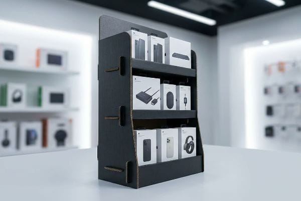 A dark corrugated cardboard POP display showcases Apple iPhones, headphones, and networking devices in a modern retail setting.