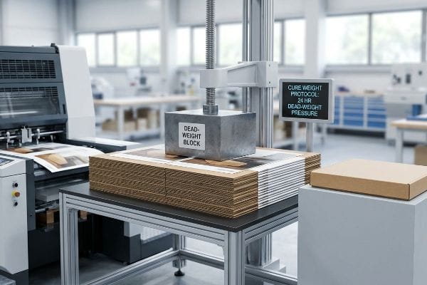Metallic Dead-Weight Block pressing printed boards on an industrial press, displaying Cure Weight Protocol: 24 Hr Dead-Weight Pressure.