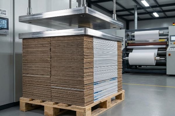 Stack of corrugated panels under a heavy steel press for dead-weight curing, showing 80 t pressure, preventing moisture warp.