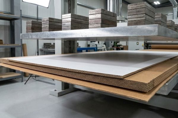 Corrugated display boards under dead-weight curing pressure from metal compression platens, ensuring flatness.