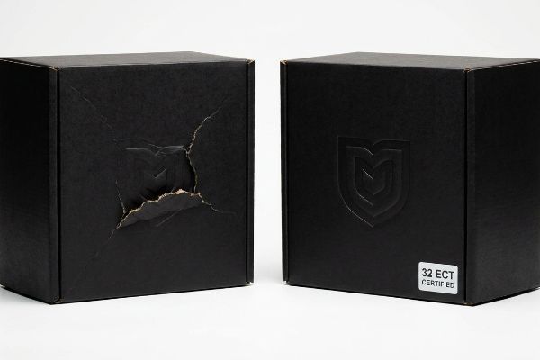 Black corrugated boxes, one torn inward deboss showing flutes, the other intact with a debossed logo and