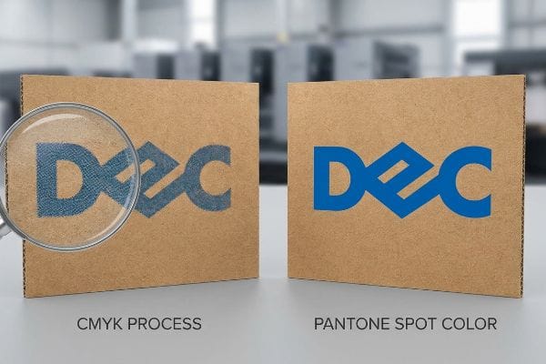 Two corrugated cardboard boxes display DEC logos, comparing grainy CMYK Process printing with vibrant Pantone Spot Color, magnified on the left.