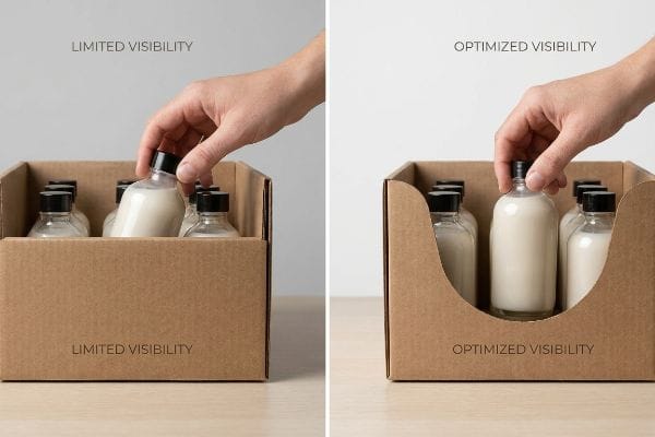 Brown corrugated display compares 'Limited Visibility' high walls to 'Optimized Visibility' deep swoop die-cut for lotion bottles.
