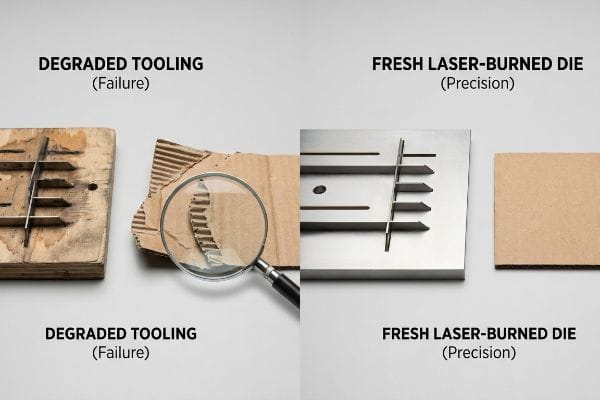 Degraded Tooling (Failure) shows crushed cardboard flutes, contrasted with a Fresh Laser-Burned Die (Precision) producing razor-sharp cuts.