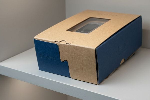 Oelioo retail packaging box: kraft brown top with window, deep blue base embossed 'delioo', on white shelf.