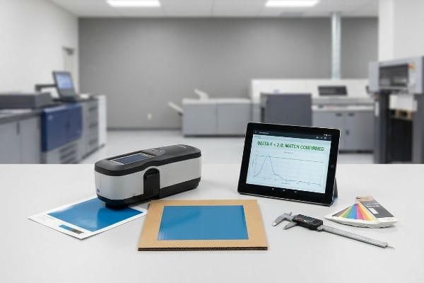 Spectrophotometer measuring blue color samples, with a tablet displaying