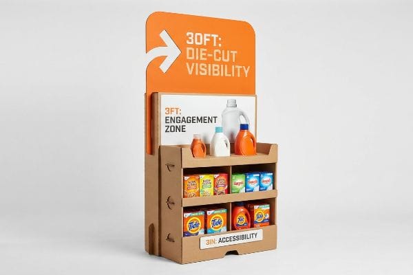 Corrugated retail display featuring an orange die-cut header with 