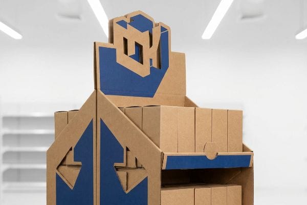 Brown corrugated POP display with a 3D die-cut header featuring blue spot color graphics, holding virgin kraft product boxes on shelves.