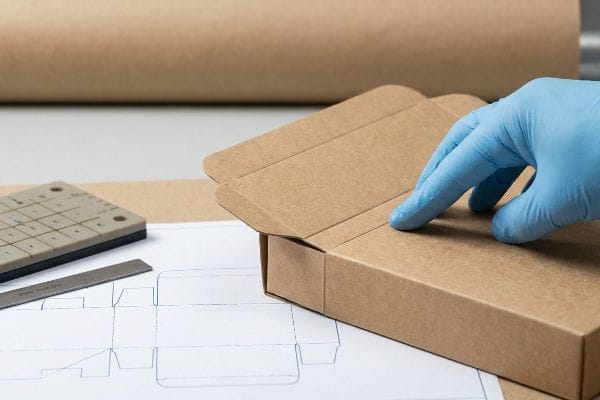 Gloved hand precisely folding a brown kraft paper box for final assembly, with a die-cut blueprint visible.