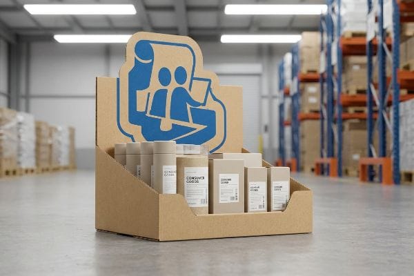 Corrugated cardboard display tray with a blue die-cut header, featuring 'Consumer Goods' in a warehouse, highlighting product label visibility.