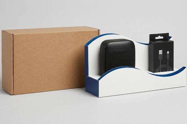 Caixa de papelão marrom e um expositor recortado em branco e azul, exibindo uma caixa de som portátil preta e um cabo USB-C.