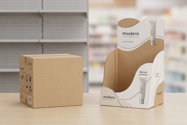 Brown corrugated cardboard box next to a die-cut Modern professional cosmetics point-of-purchase display with sample product tubes.