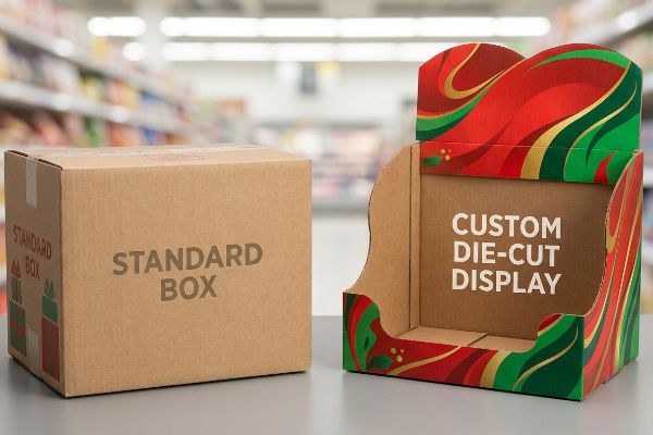 A brown Standard Box contrasts with a festive Custom Die-Cut Display featuring red, green, and gold swirls.