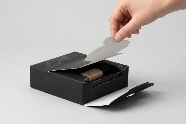 Une main soulève un rabat découpé sur mesure sur une boîte d'emballage RP noire mate, révélant un flacon de cosmétique dans un insert en carton ondulé.