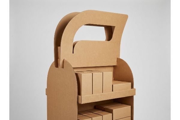 Natural brown 32 ECT virgin kraft board corrugated display featuring multiple shelves filled with small cardboard boxes and a prominent die-cut handle.