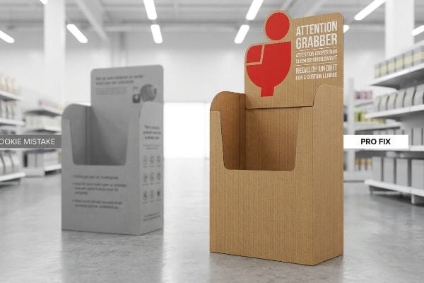 Natural brown corrugated retail display with red 'Attention Grabber' die-cut header next to a grayscale 'Rookie Mistake' display.