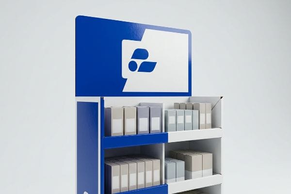 A blue and white corrugated retail end cap display features a bold die-cut header with a white stylized logo, showcasing shelves of neatly stacked product boxes.