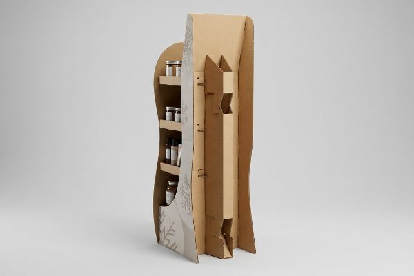 Corrugated seasonal display unit with die-cut curves, internal support structure, and shelves holding glass jars, featuring a snowflake pattern.