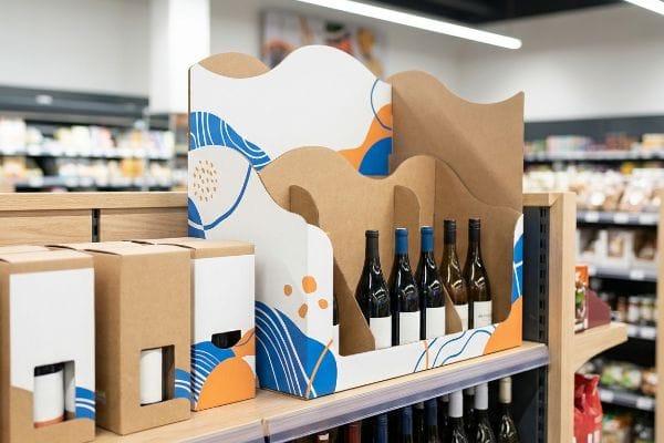 Торговая витрина из крафт-картона с вырезанным волнистым верхом и абстрактными сине-оранжевыми узорами, демонстрирующая винные бутылки.