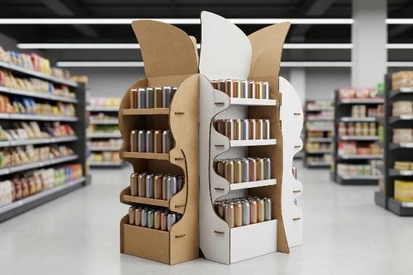 Die-cut corrugated cardboard beverage displays, kraft and white, with staggered shelves holding metallic cans in a grocery aisle.