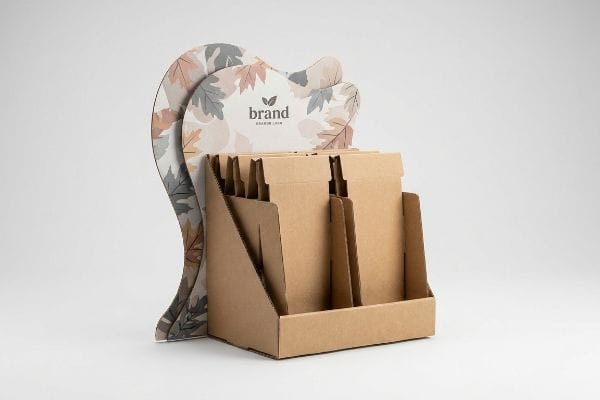Corrugated cardboard display with a die-cut leaf header, featuring 'Brand Premium Line' logo and autumn leaf pattern for seasonal merchandising.
