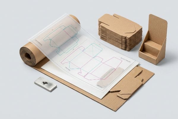 Packaging production setup with die-cut templates, cardboard roll, flat-pack boxes, POP display, and metal tooling.