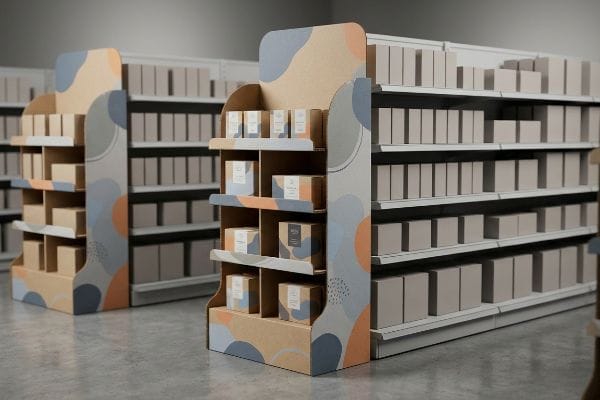 Custom die-cut cardboard POP displays with asymmetrical shapes and abstract patterns, showcasing product boxes in a retail aisle.